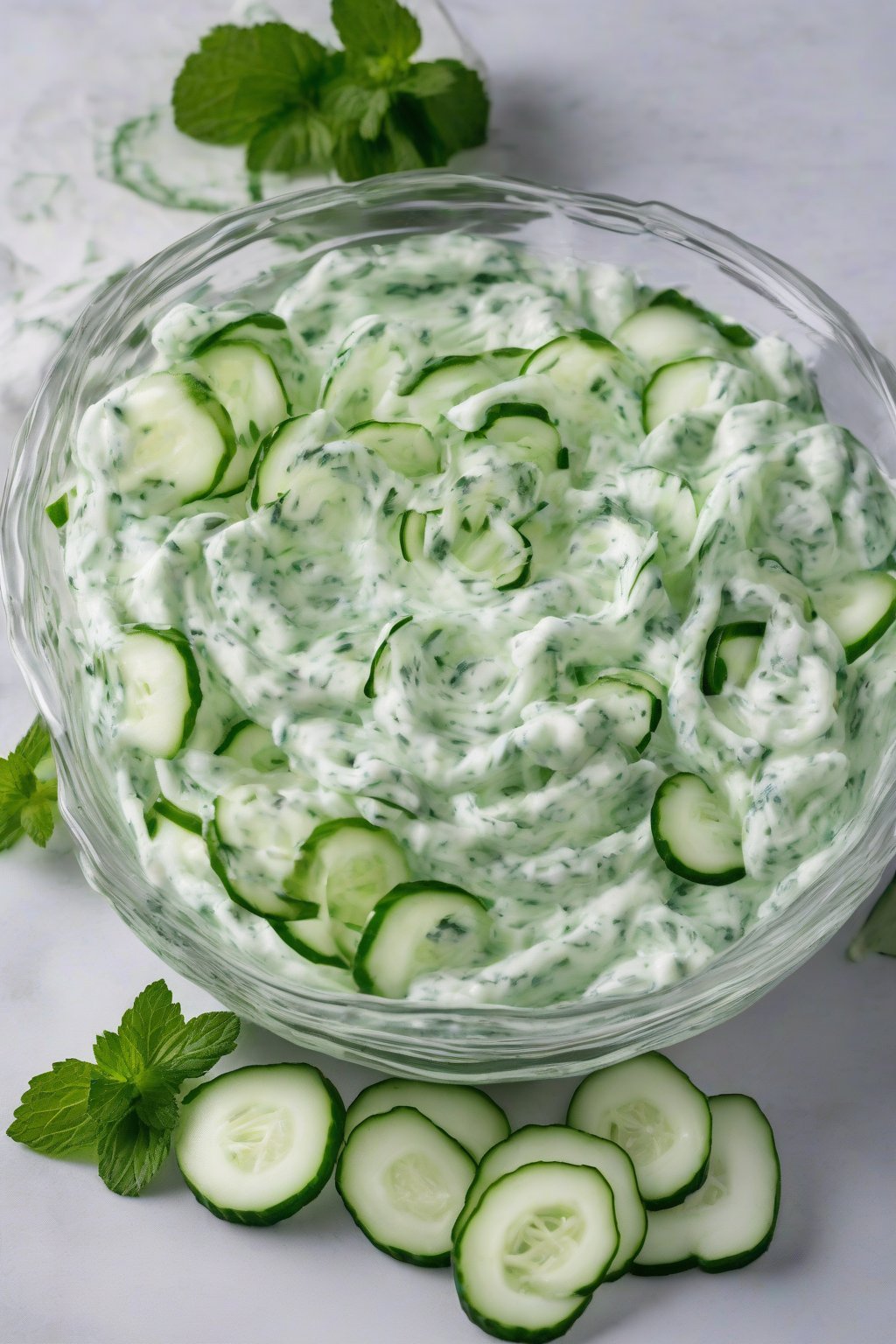 A high-resolution photo of mint-flecked taziki dip with cucumber ribbons on top, in a chilled glass bowl, under soft lighting.