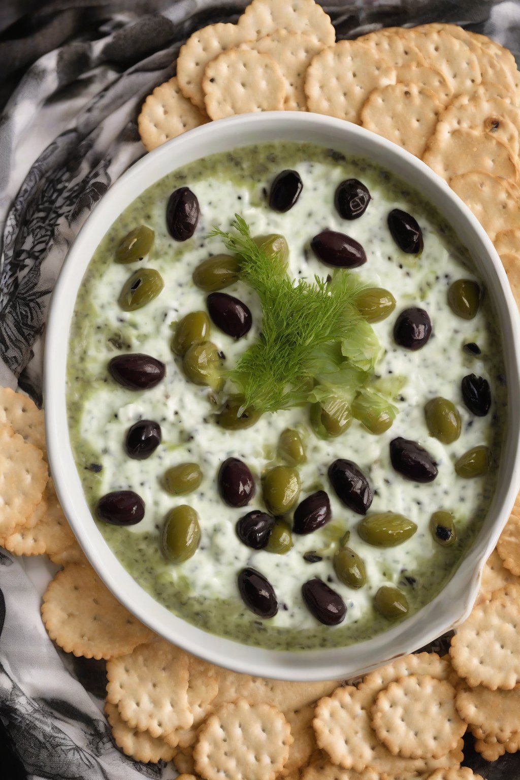 A high-resolution photo of olive-studded taziki dip with black olive halves visible, served with crackers, under soft lighting.