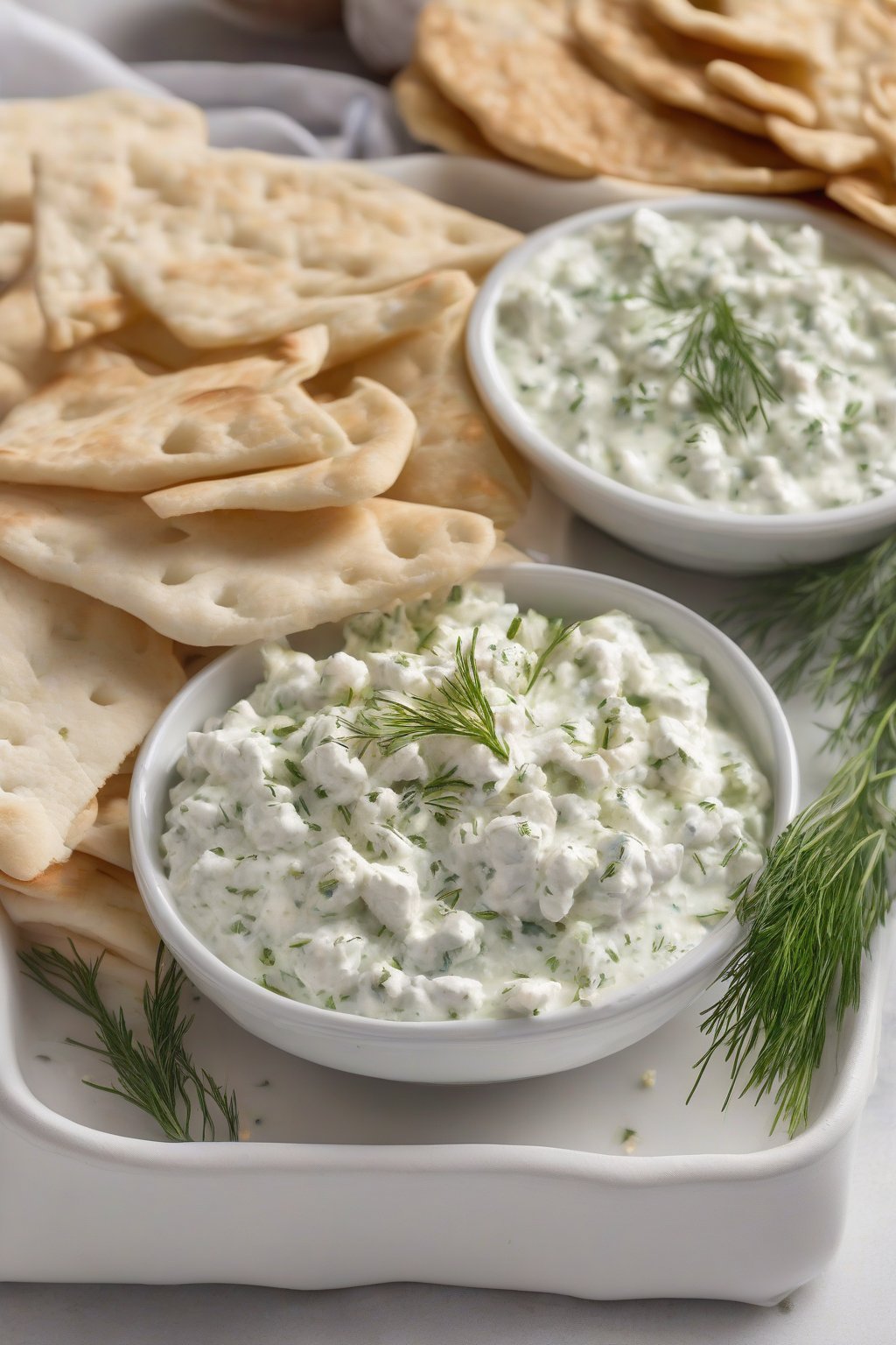 A high-resolution photo of taziki dip loaded with feta crumbles and dill, scooped with pita points, under soft lighting.