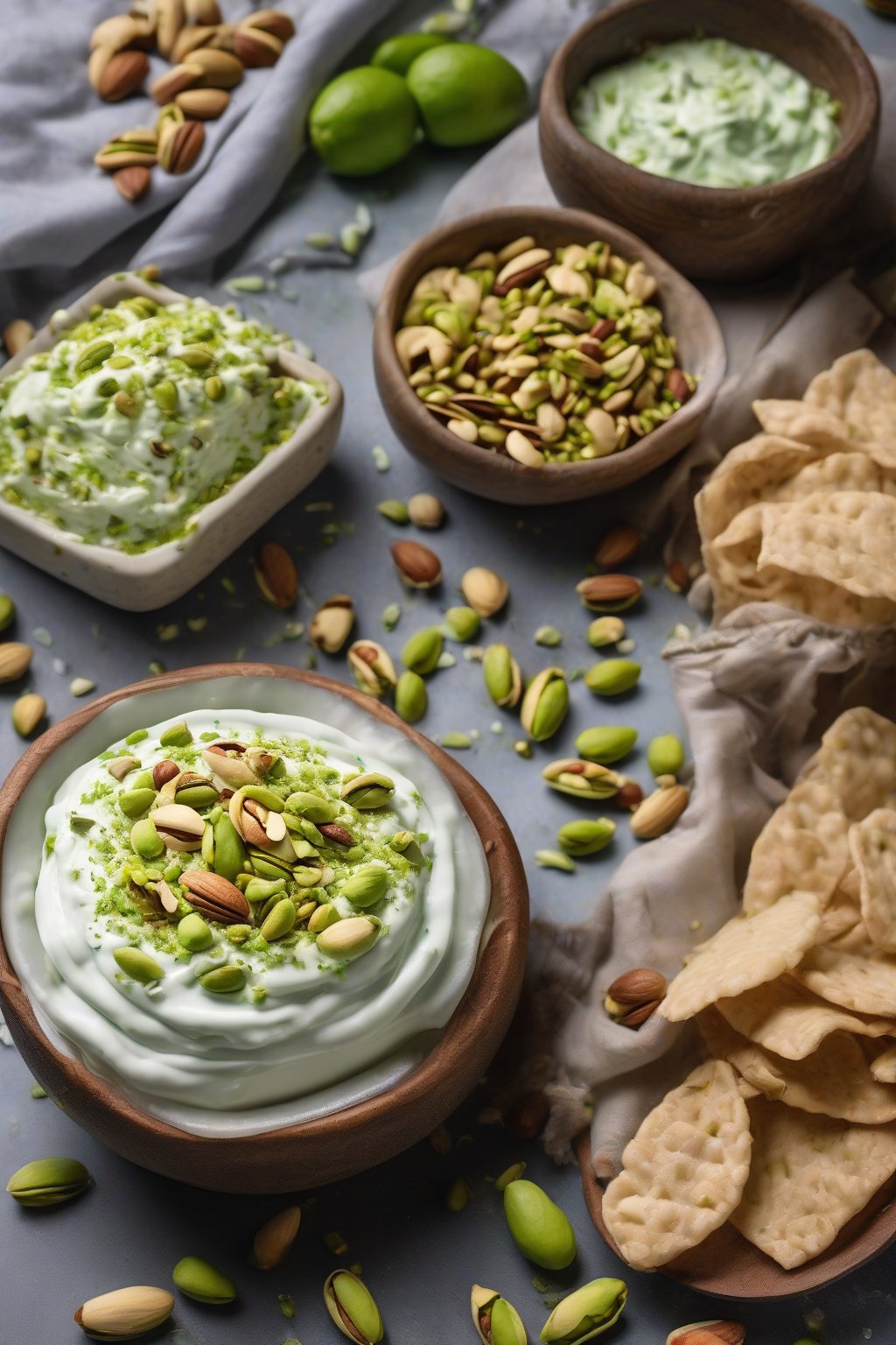A high-resolution photo of taziki dip sprinkled with green pistachio pieces, elegant styling with nuts scattered around, under soft lighting.