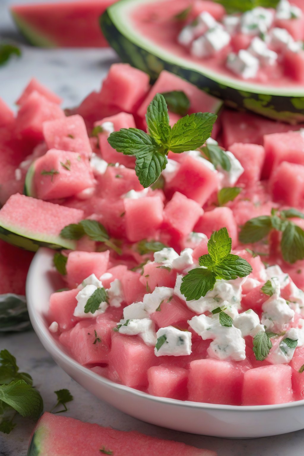 A high-resolution photo of refreshing watermelon taziki dip with pink chunks and feta bits, garnished with mint, under soft lighting.