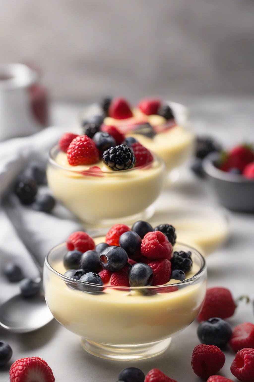 A high-resolution photo of a glass bowl of smooth vanilla custard topped with fresh berries under soft lighting.