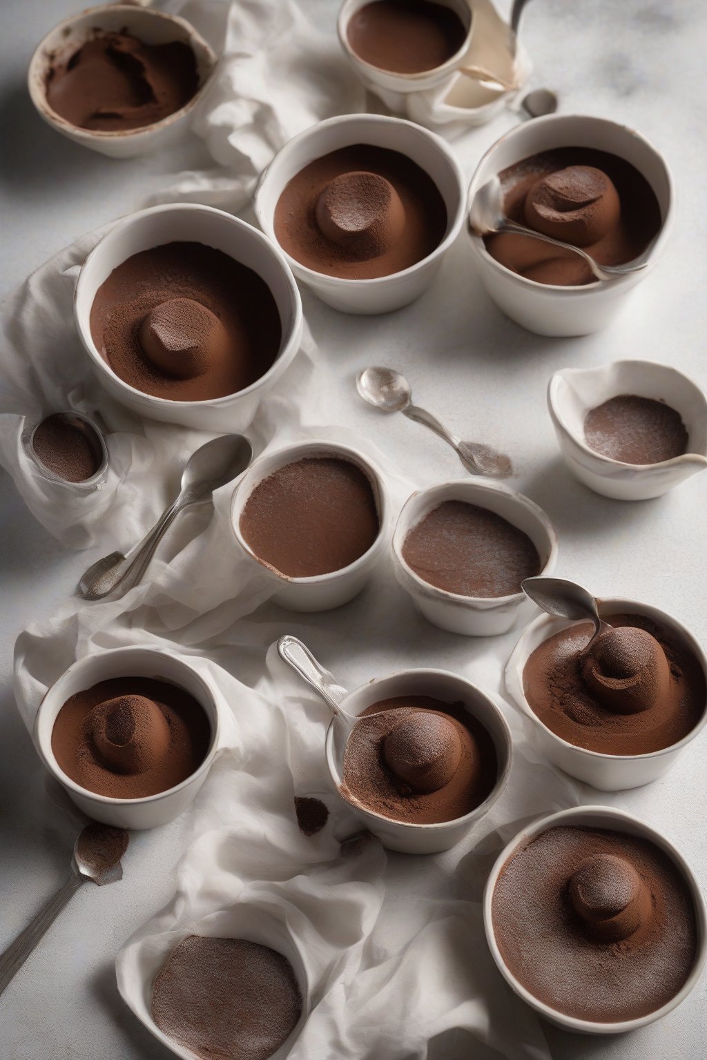 A high-resolution photo of chocolate custard pots dusted with cocoa powder under soft lighting.