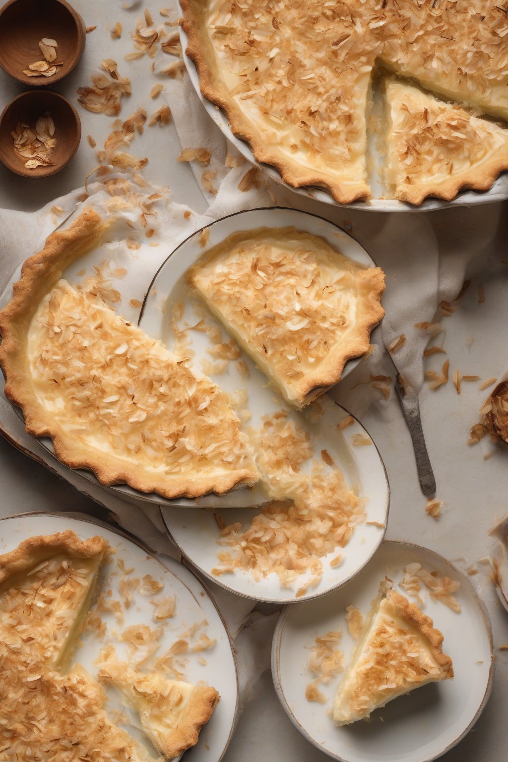 A high-resolution photo of a sliced coconut custard pie with toasted flakes under soft lighting.
