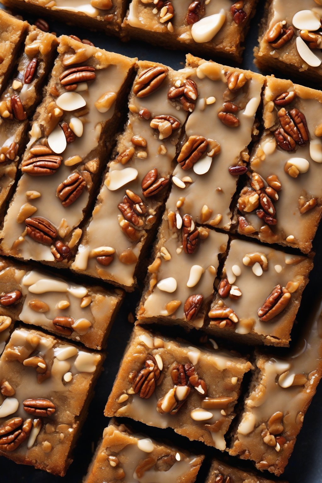 A high-resolution photo of maple pecan buttery blondies studded with toasted nuts and glossy tops, sliced neatly, under soft lighting.
