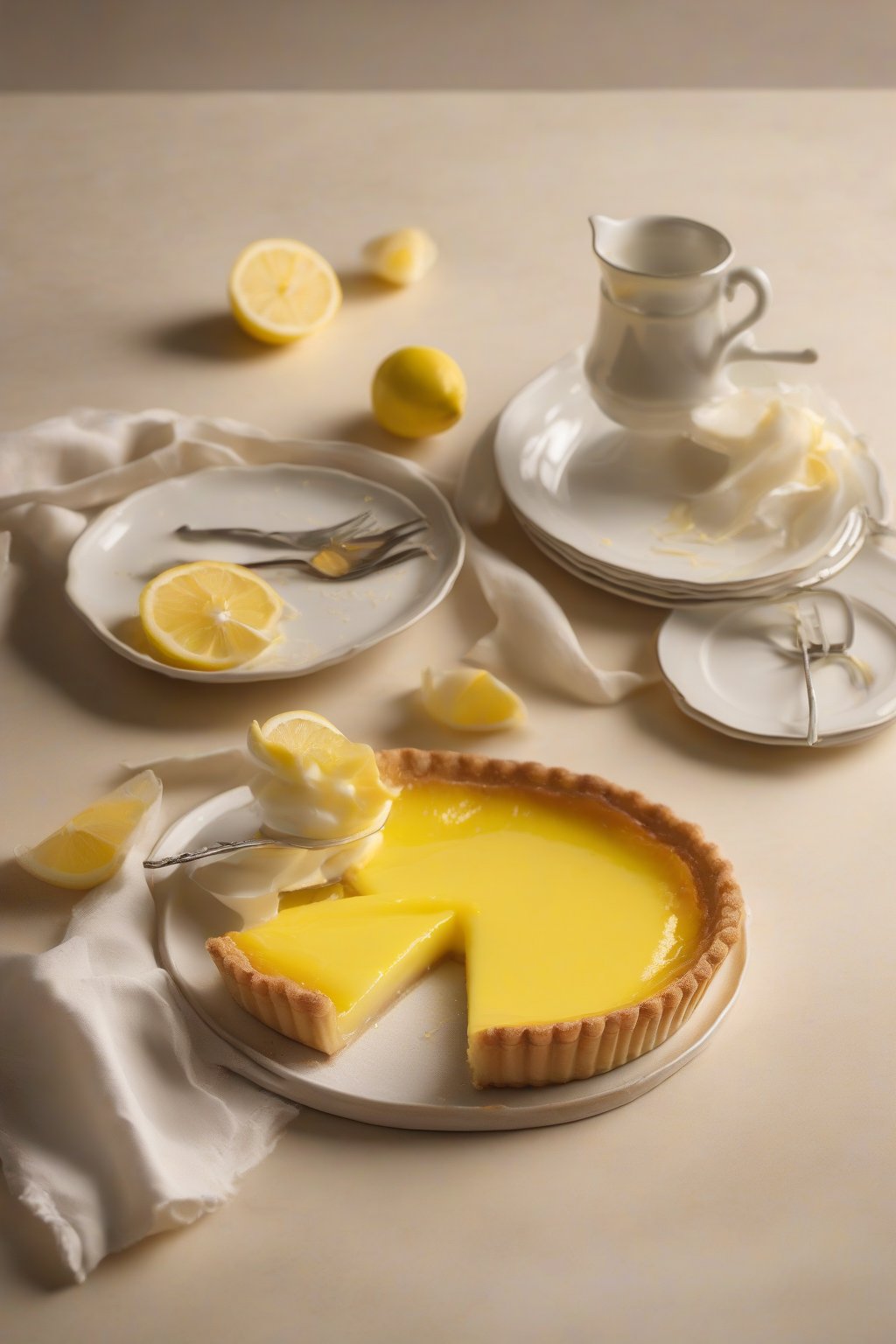 A high-resolution photo of a lemon custard tart with glossy topping under soft lighting.