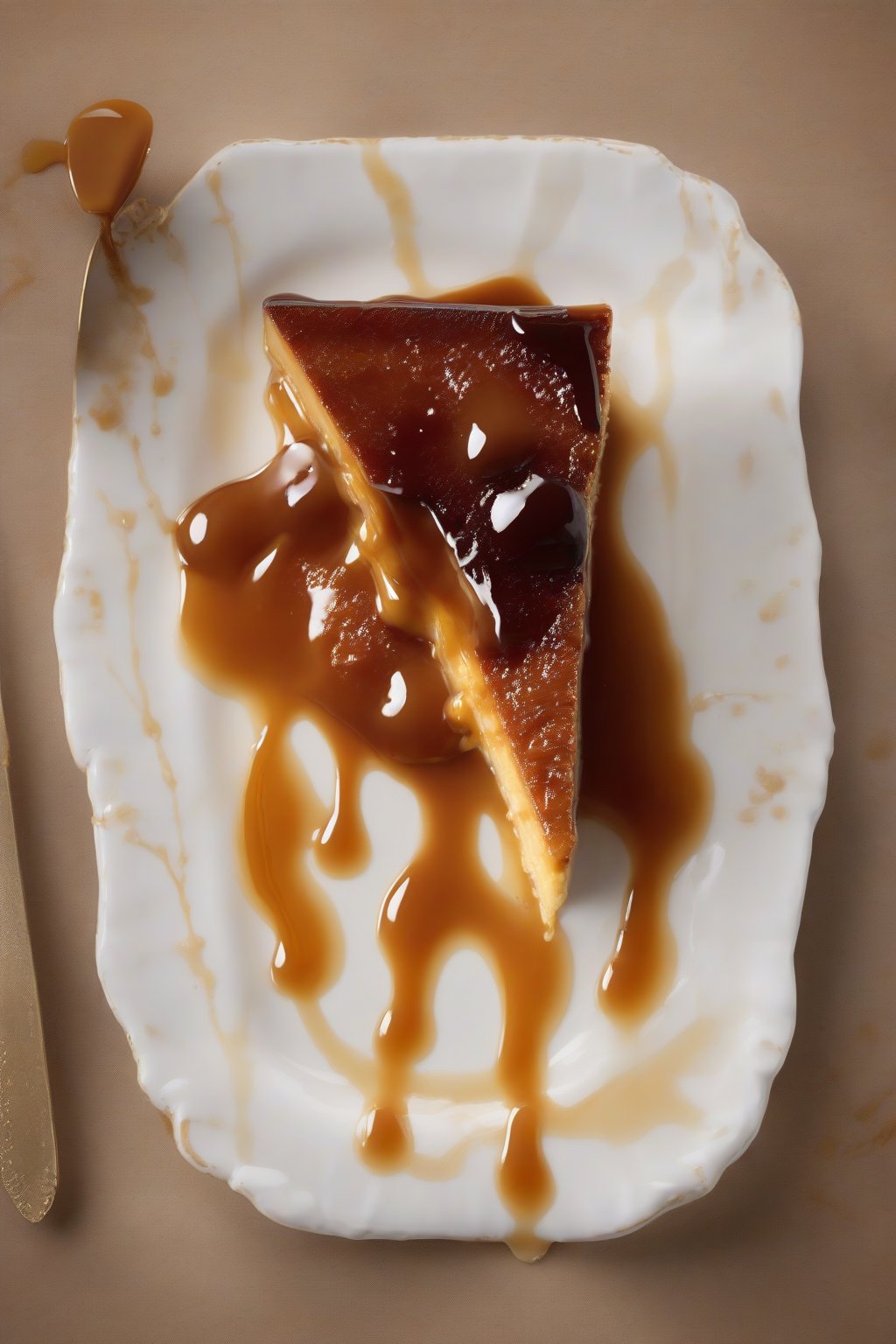 A high-resolution photo of an inverted flan with caramel sauce pooling under soft lighting.