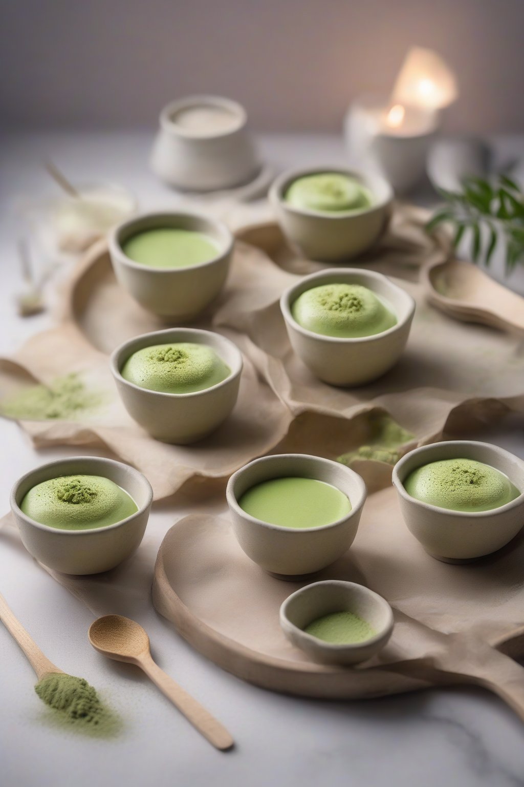 A high-resolution photo of green matcha custard cups garnished with powder under soft lighting.