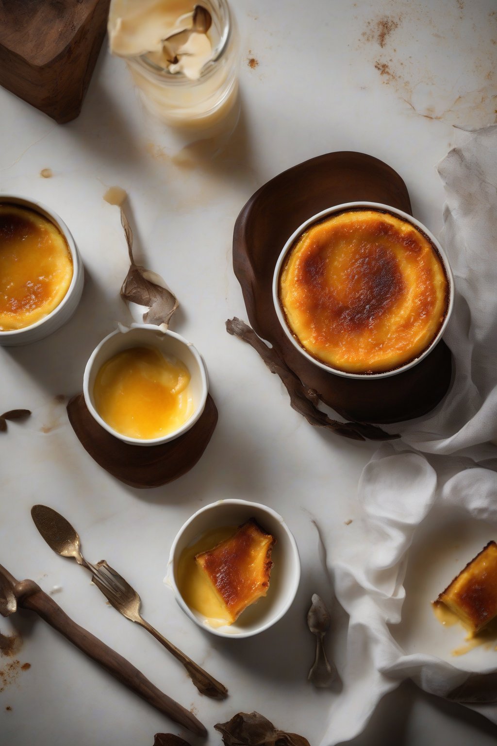 A high-resolution photo of a pumpkin custard brûlée with caramelized top under soft lighting.
