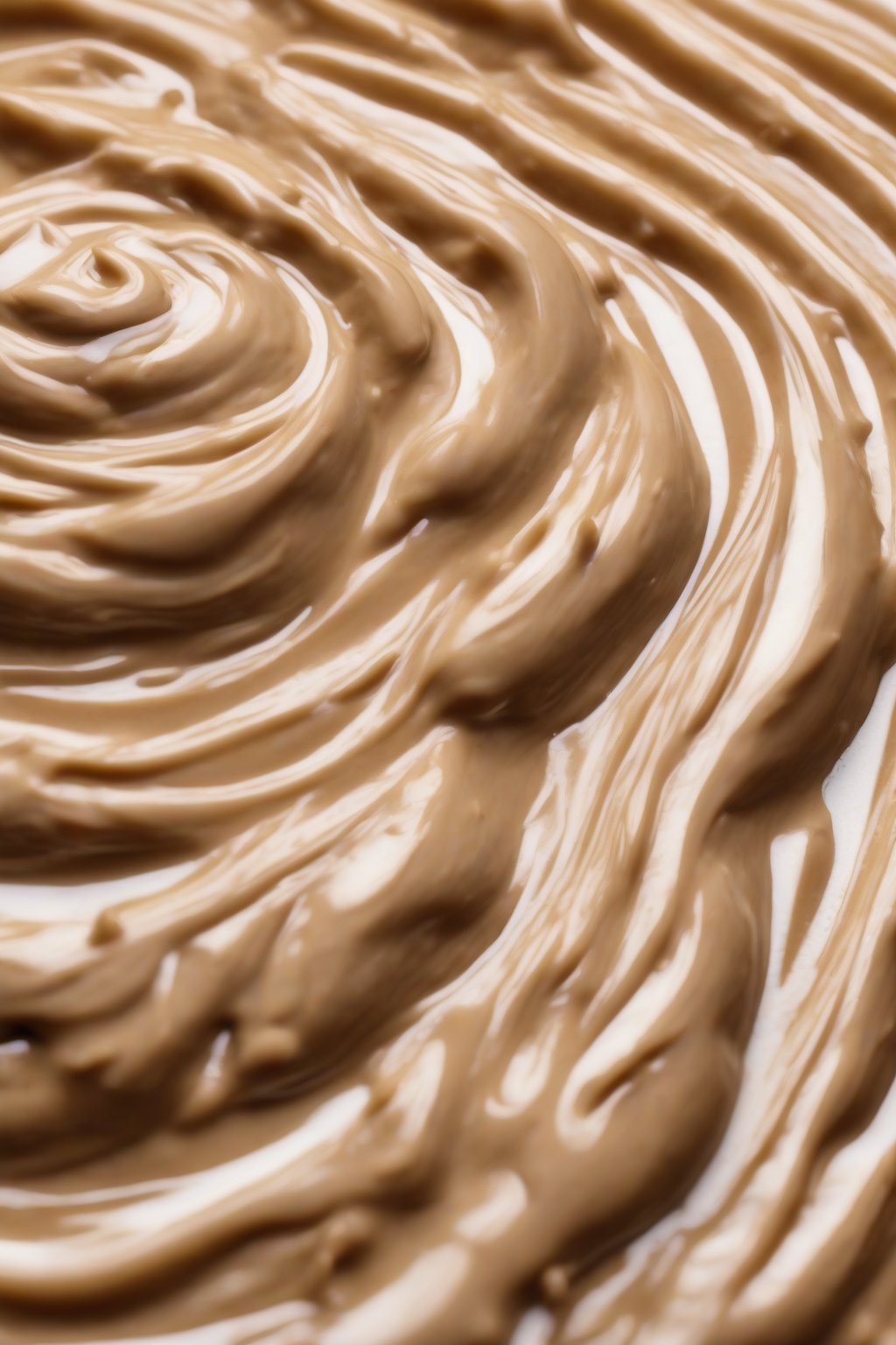 A high-resolution photo of mocha custard swirled with cream under soft lighting.