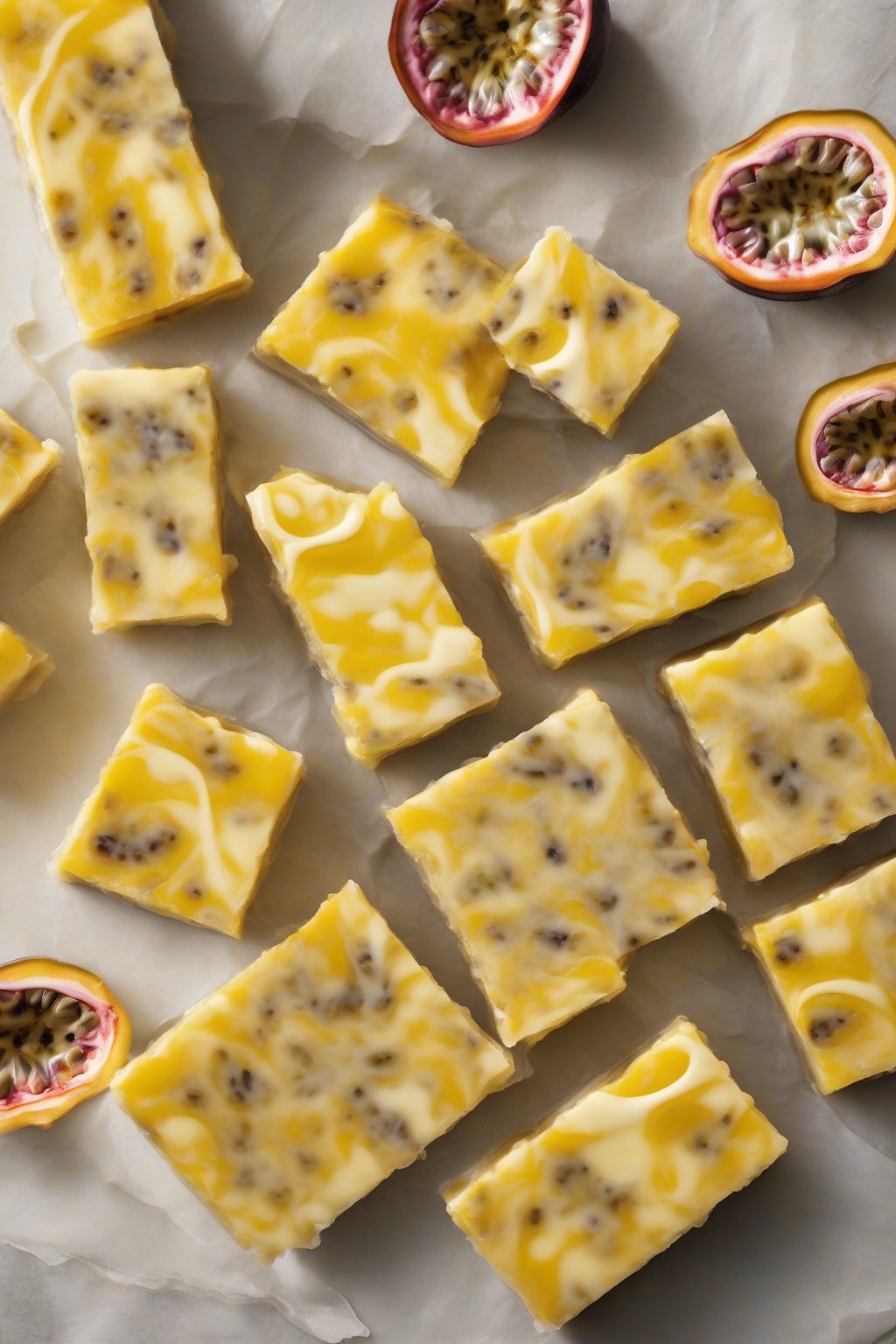 A high-resolution photo of passionfruit custard bars with yellow swirls under soft lighting.