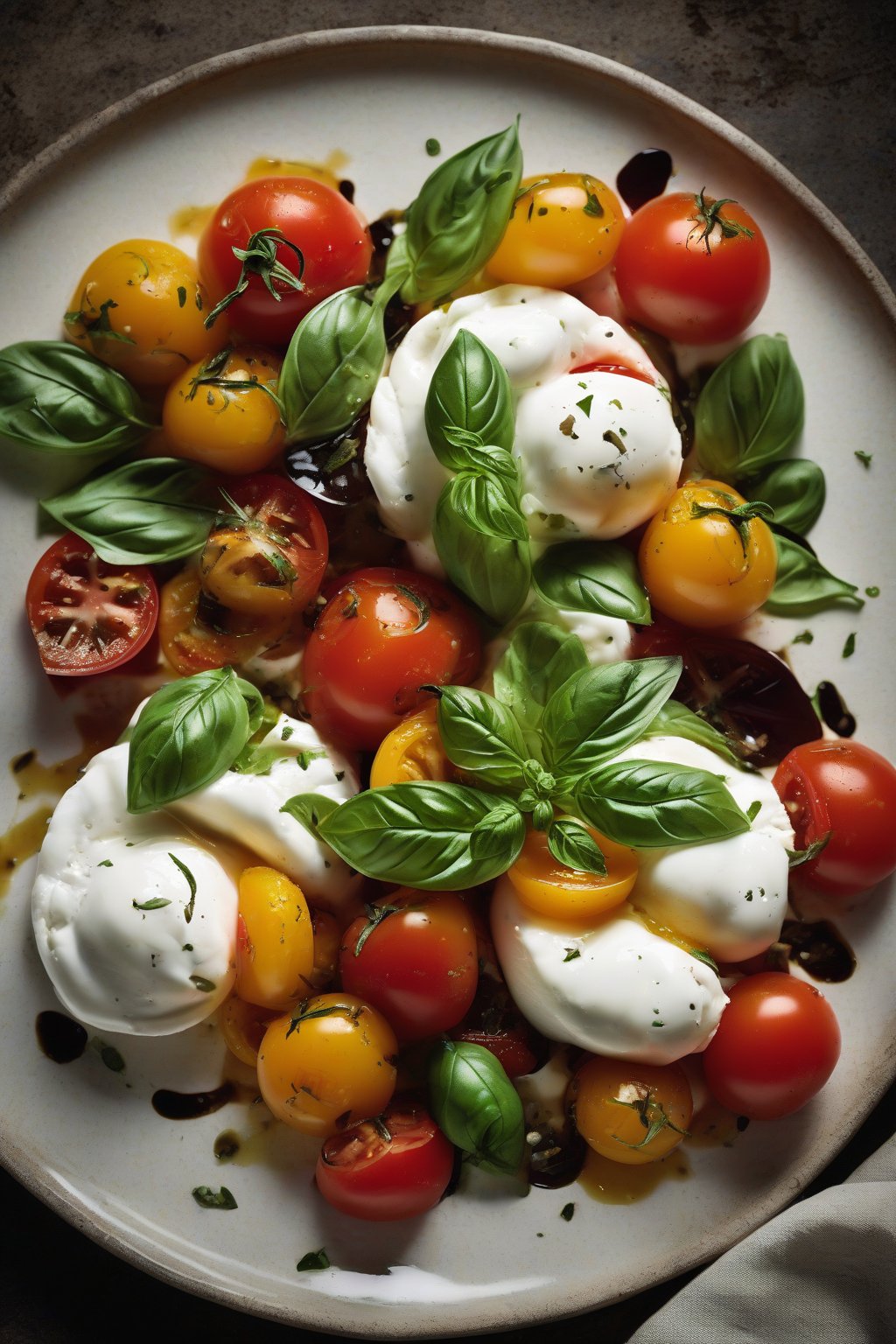 A high-resolution close-up photo of burrata caprese salad with heirloom tomatoes and basil under soft lighting.
