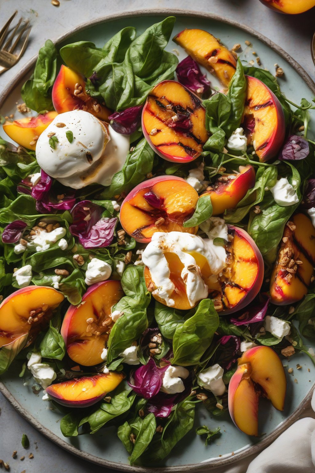 A high-resolution close-up photo of grilled peach and burrata summer salad under soft lighting.
