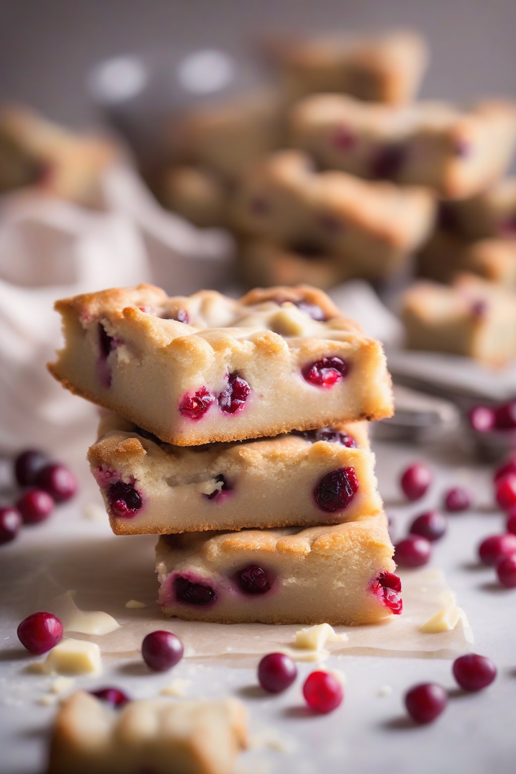 A high-resolution photo of white chocolate cranberry blondies with pink berries peeking through pale dough, under soft lighting.