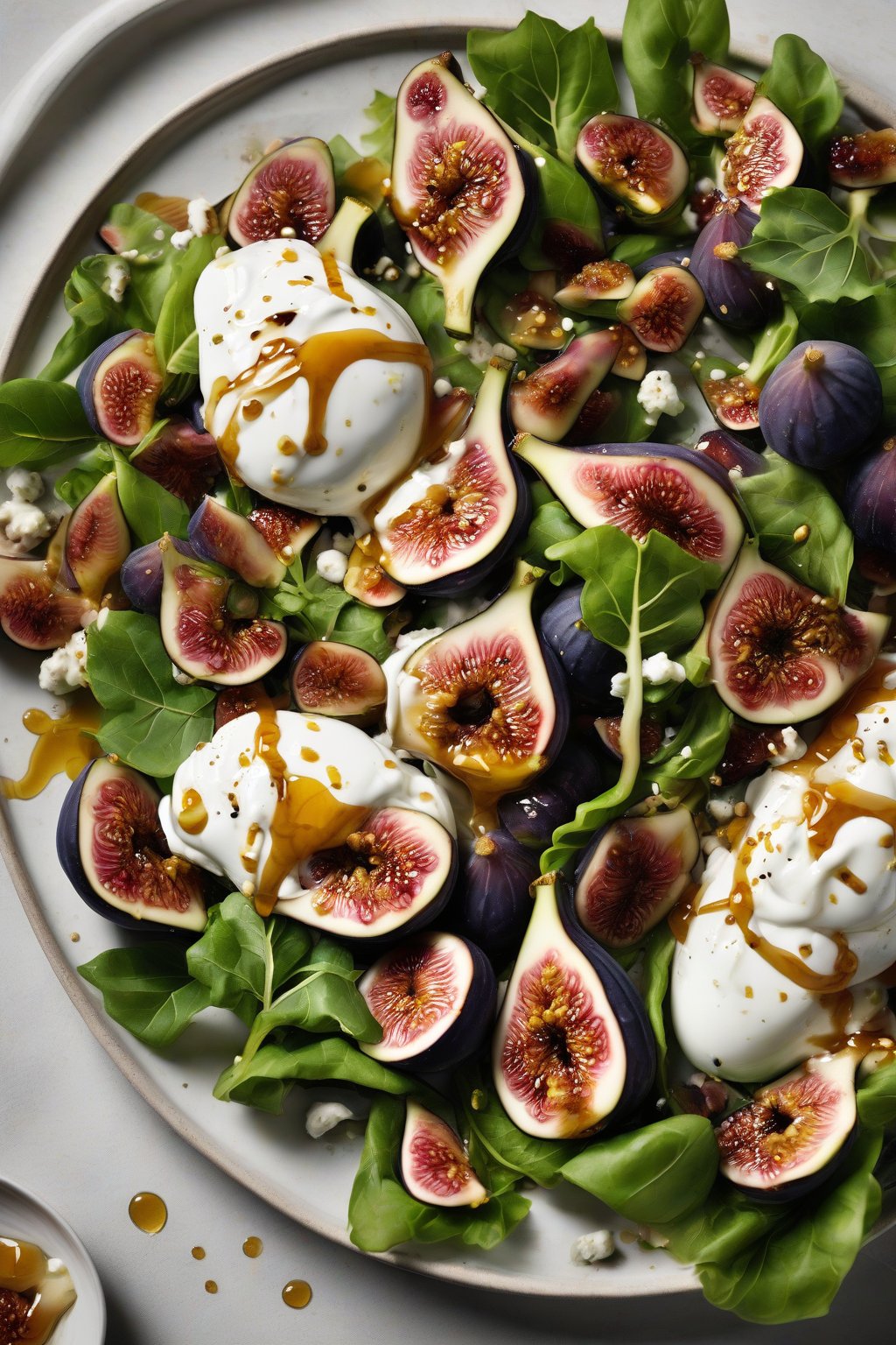 A high-resolution close-up photo of fig and burrata salad with honey drizzle under soft lighting.