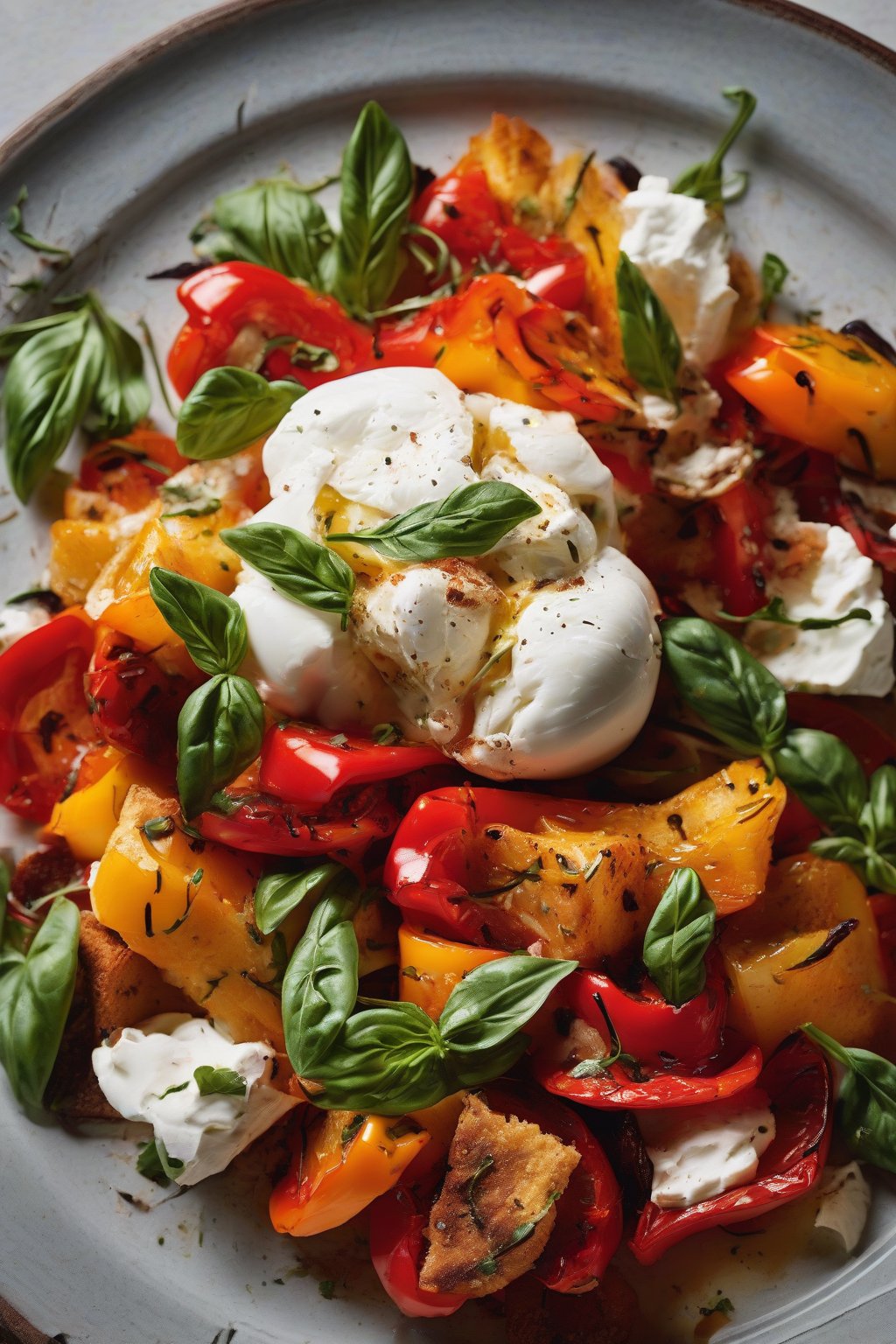 A high-resolution close-up photo of panzanella with burrata and roasted peppers under soft lighting.