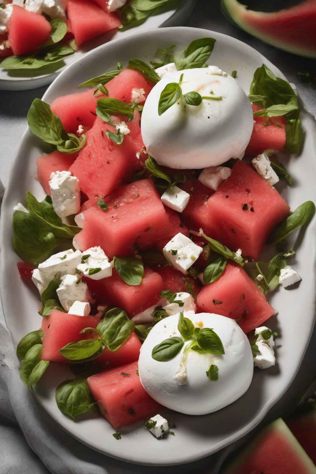 A high-resolution close-up photo of watermelon burrata and feta salad under soft lighting.