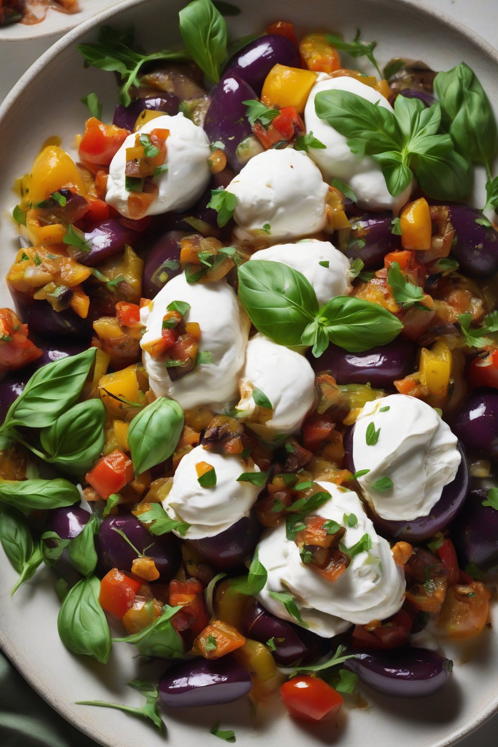 A high-resolution close-up photo of eggplant caponata burrata salad under soft lighting.