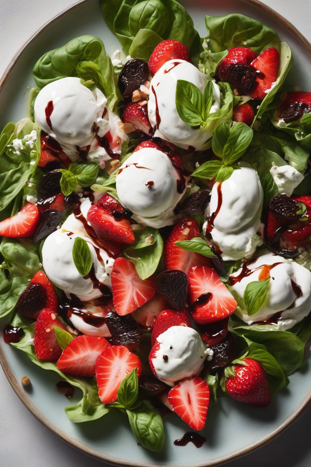 A high-resolution close-up photo of strawberry burrata salad with balsamic reduction under soft lighting.