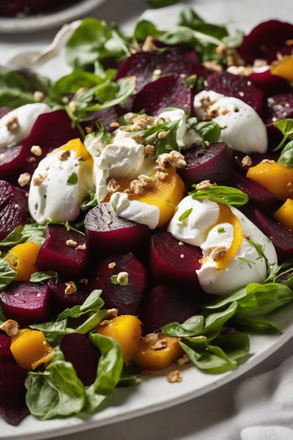 A high-resolution close-up photo of roasted beet and burrata salad under soft lighting.