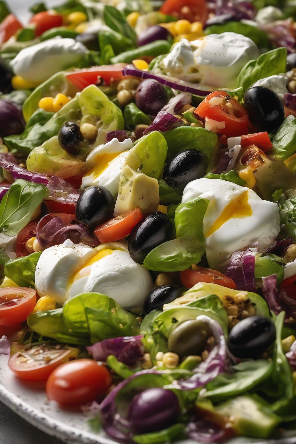 A high-resolution close-up photo of olive and burrata chopped Italian salad under soft lighting.