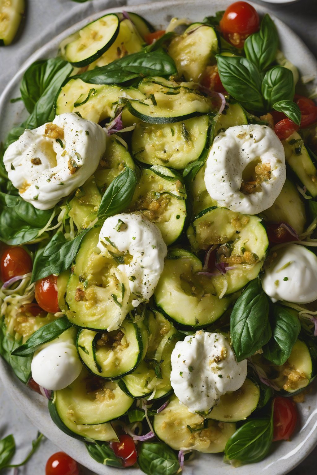 A high-resolution close-up photo of pesto zucchini ribbon burrata salad under soft lighting.