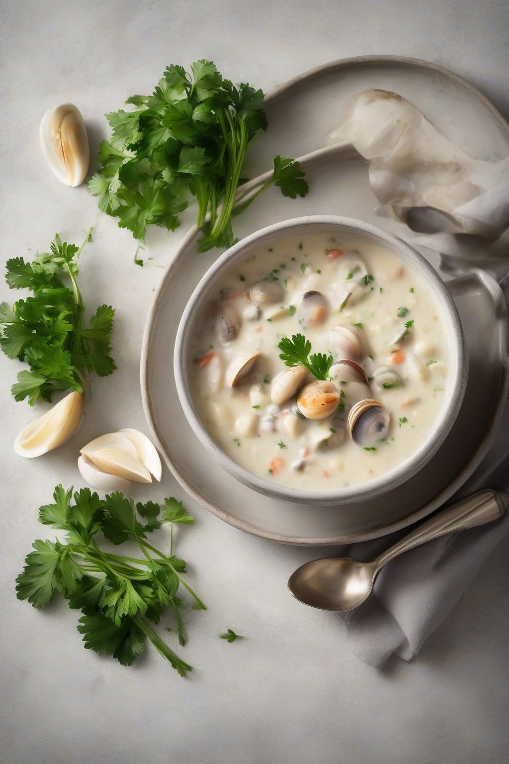 A high-resolution photo of a steaming bowl of classic New England clam chowder garnished with parsley, under soft lighting.