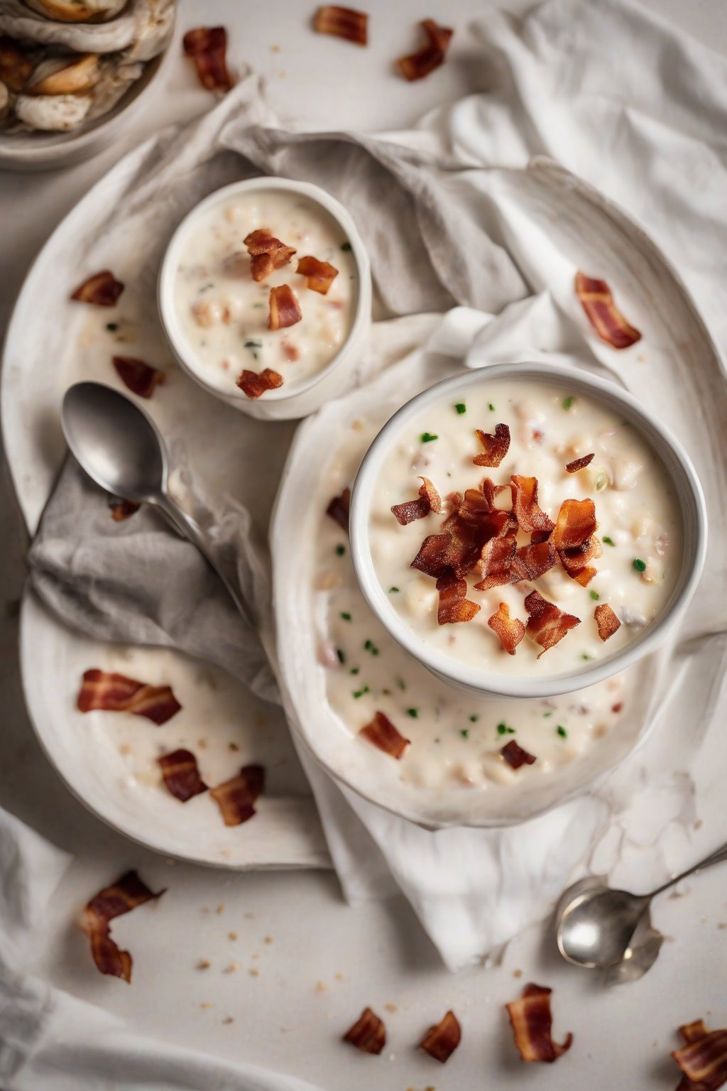 A high-resolution photo of bacon-infused creamy clam chowder topped with crispy bacon bits, under soft lighting.