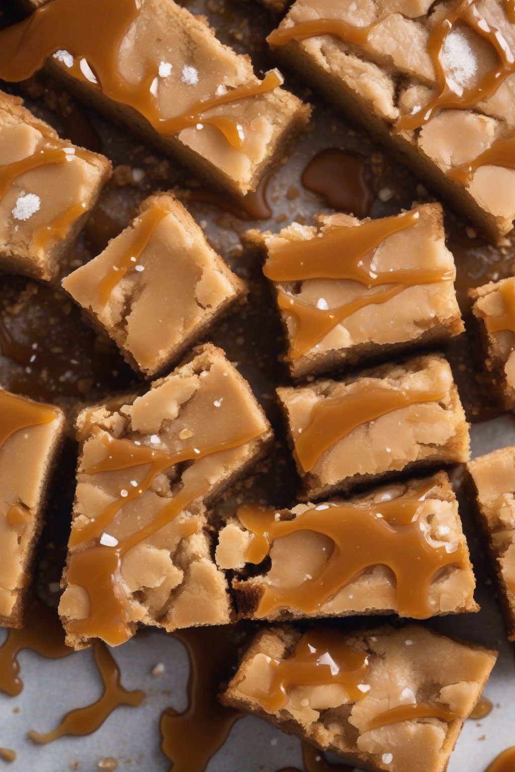 A high-resolution photo of salted caramel blondies with oozing golden caramel and salt flecks, close-up slice, under soft lighting.