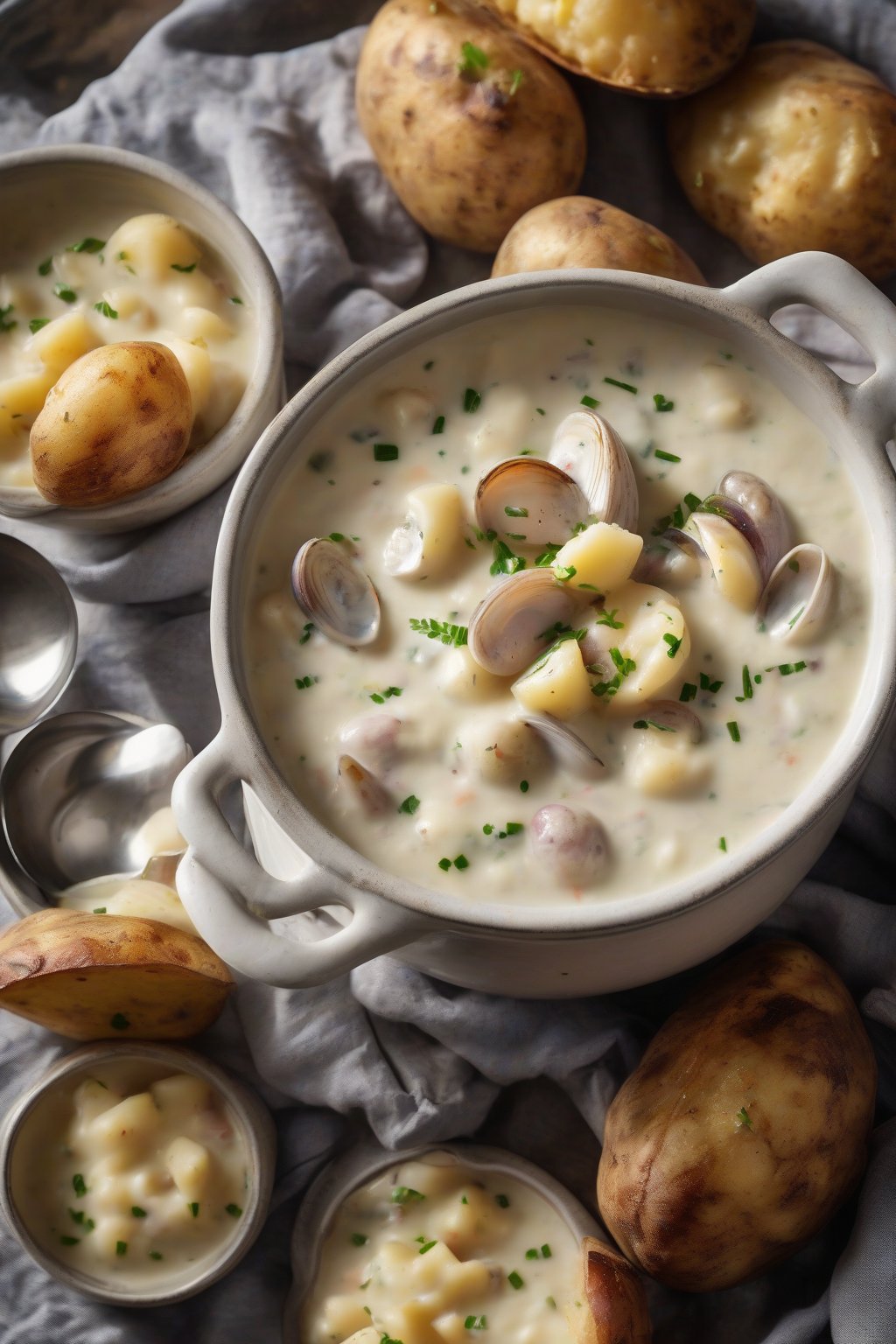 A high-resolution photo of potato-loaded creamy clam chowder with visible chunky potatoes, under soft lighting.