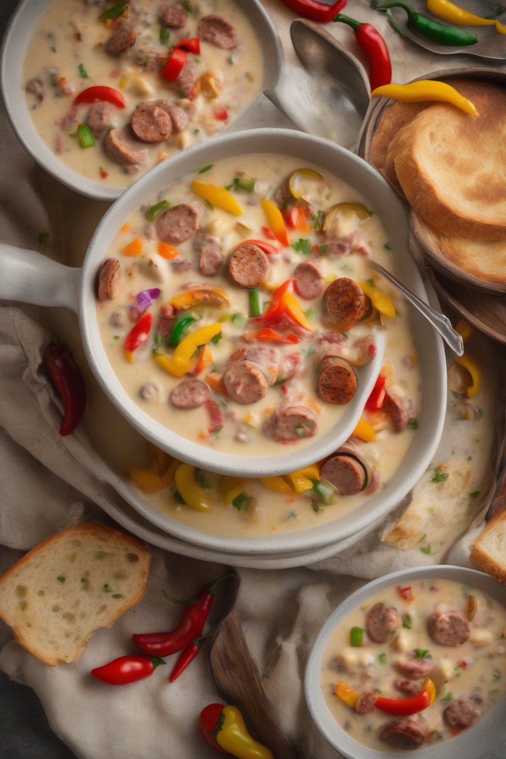 A high-resolution photo of spicy Cajun clam chowder with colorful peppers and sausage slices, under soft lighting.