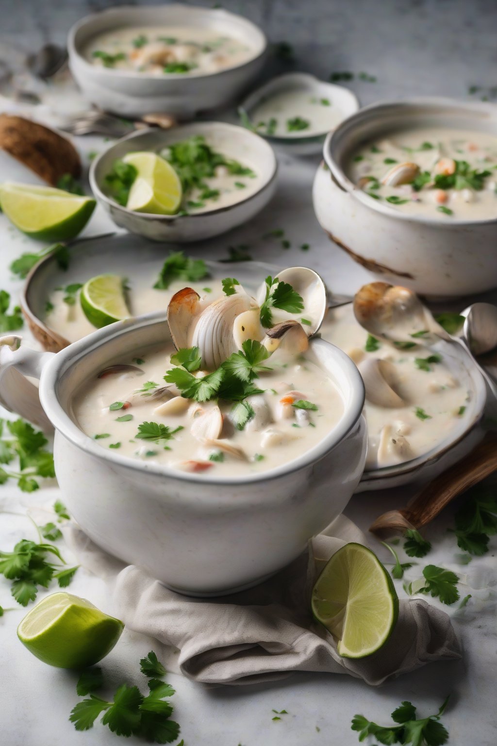 A high-resolution photo of coconut creamy clam chowder garnished with lime and cilantro, under soft lighting.