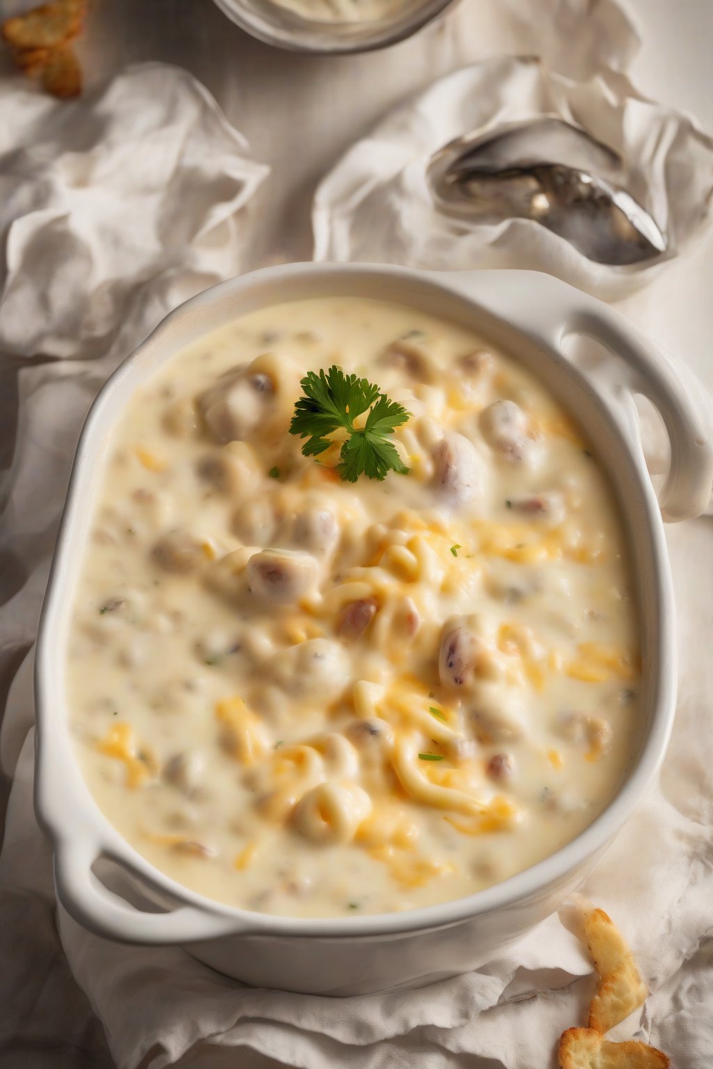 A high-resolution photo of cheesy clam chowder with melted cheddar strands, under soft lighting.