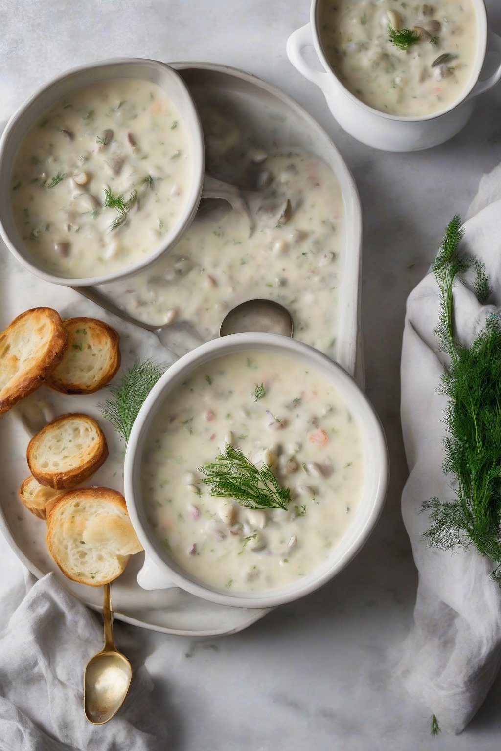 A high-resolution photo of lightened-up healthy clam chowder topped with fresh dill, under soft lighting.