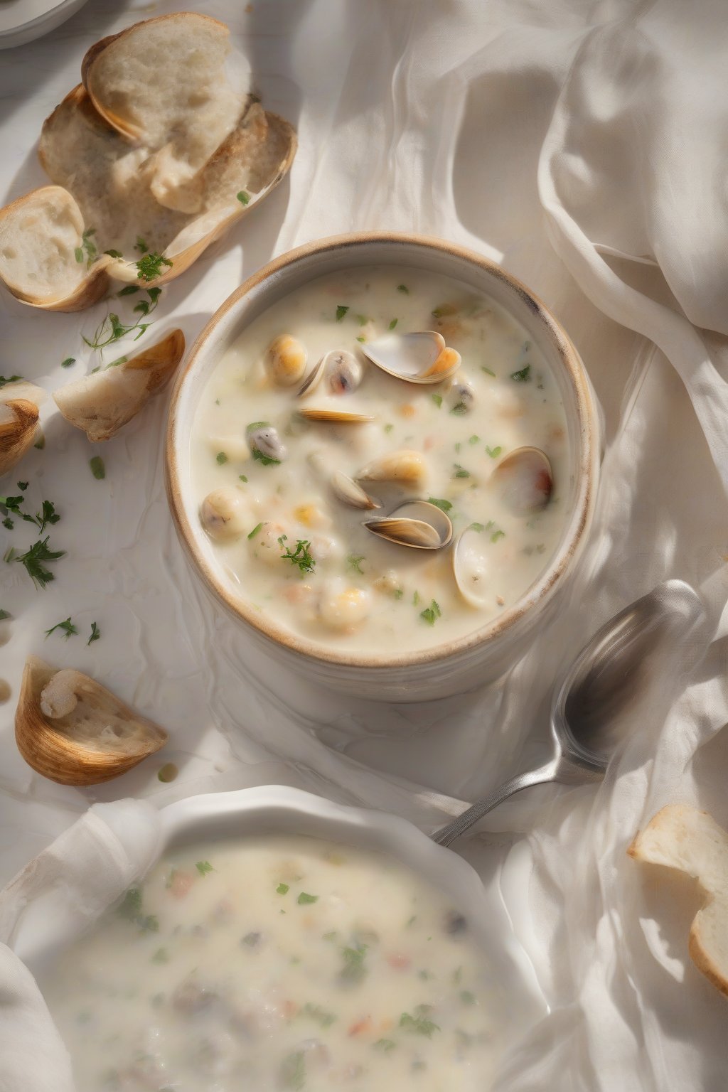 A high-resolution photo of smoked clam chowder with a hazy steam effect, under soft lighting.