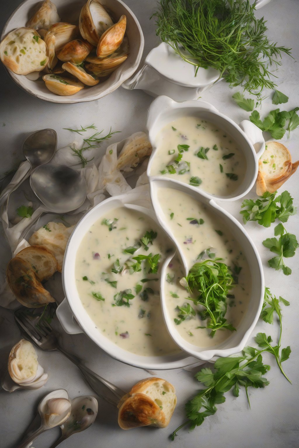 A high-resolution photo of herb-infused clam chowder scattered with fresh green herbs, under soft lighting.