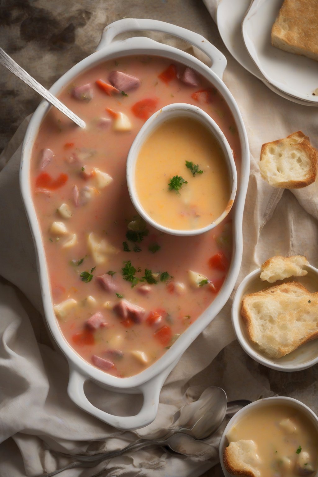 A high-resolution photo of Manhattan-style creamy hybrid chowder with red-tinged broth, under soft lighting.