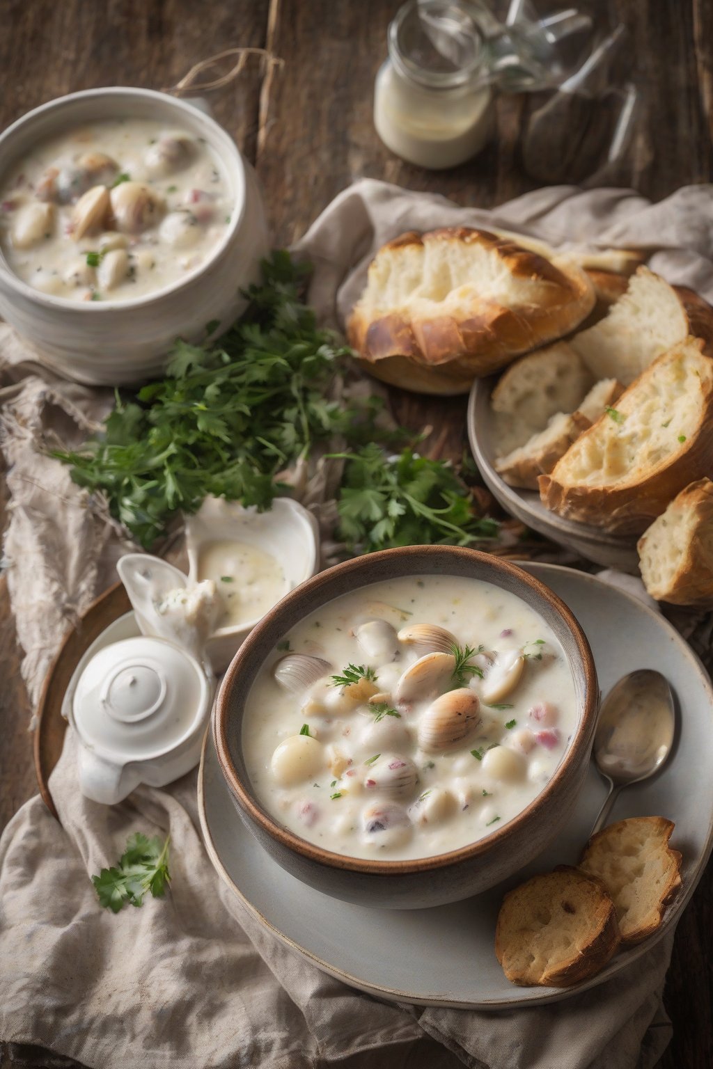 A high-resolution photo of slow cooker clam chowder in a rustic bowl, under soft lighting.