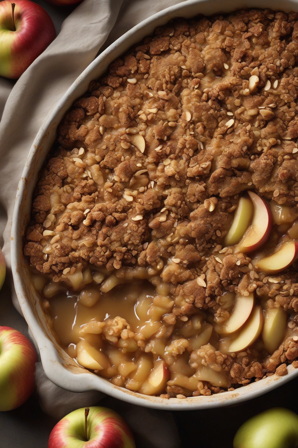 A high-resolution photo of a golden-brown classic apple crisp with a crunchy oat topping, bubbling apples peeking through, under soft lighting.