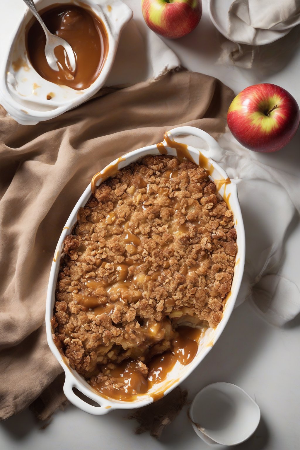A high-resolution photo of caramel apple crisp with oozing caramel and crisp oat topping, served in a white dish, under soft lighting.