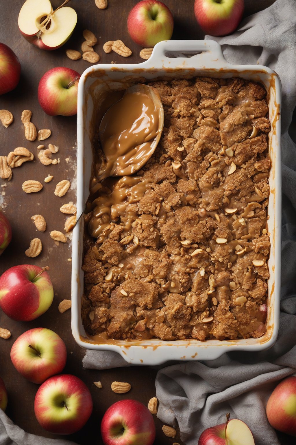 A high-resolution photo of peanut butter apple crisp with a golden oat-peanut crumble over juicy apple slices, under soft lighting.