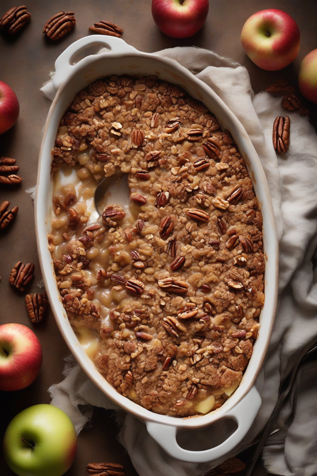A high-resolution photo of maple pecan apple crisp with chunky oat topping studded with pecans, steam rising, under soft lighting.