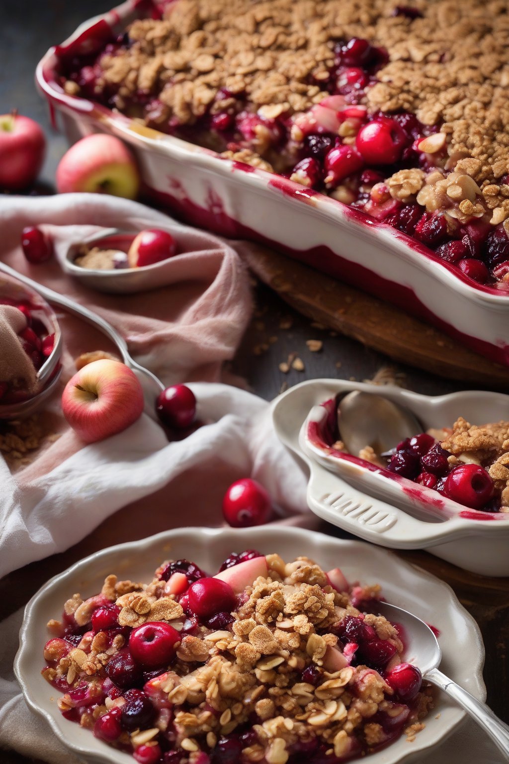 A high-resolution photo of cranberry apple crisp with vibrant red berries bursting through oat crumble, under soft lighting.