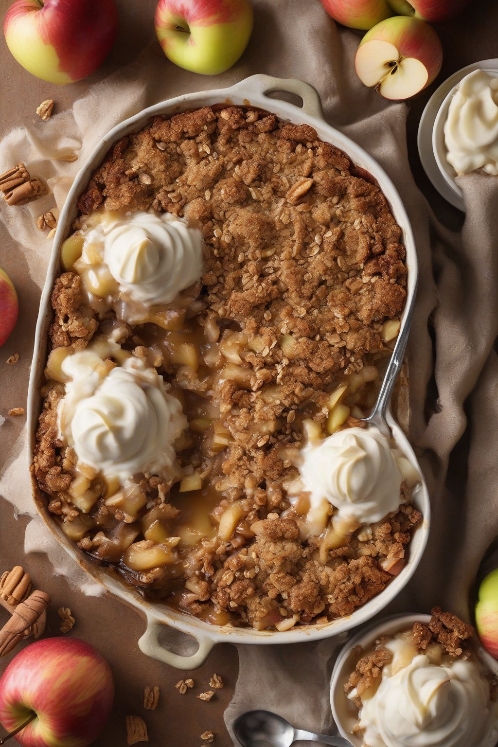 A high-resolution photo of ginger-spiced apple crisp with clustered oat topping and spiced apple filling, under soft lighting.