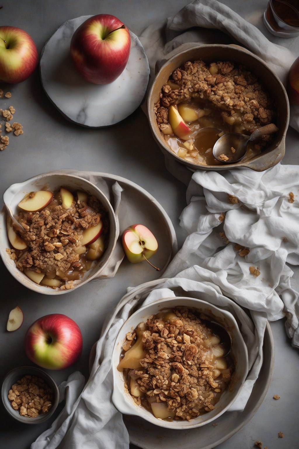 A high-resolution photo of bourbon apple crisp with a smoky golden oat crumble over boozy apples, under soft lighting.
