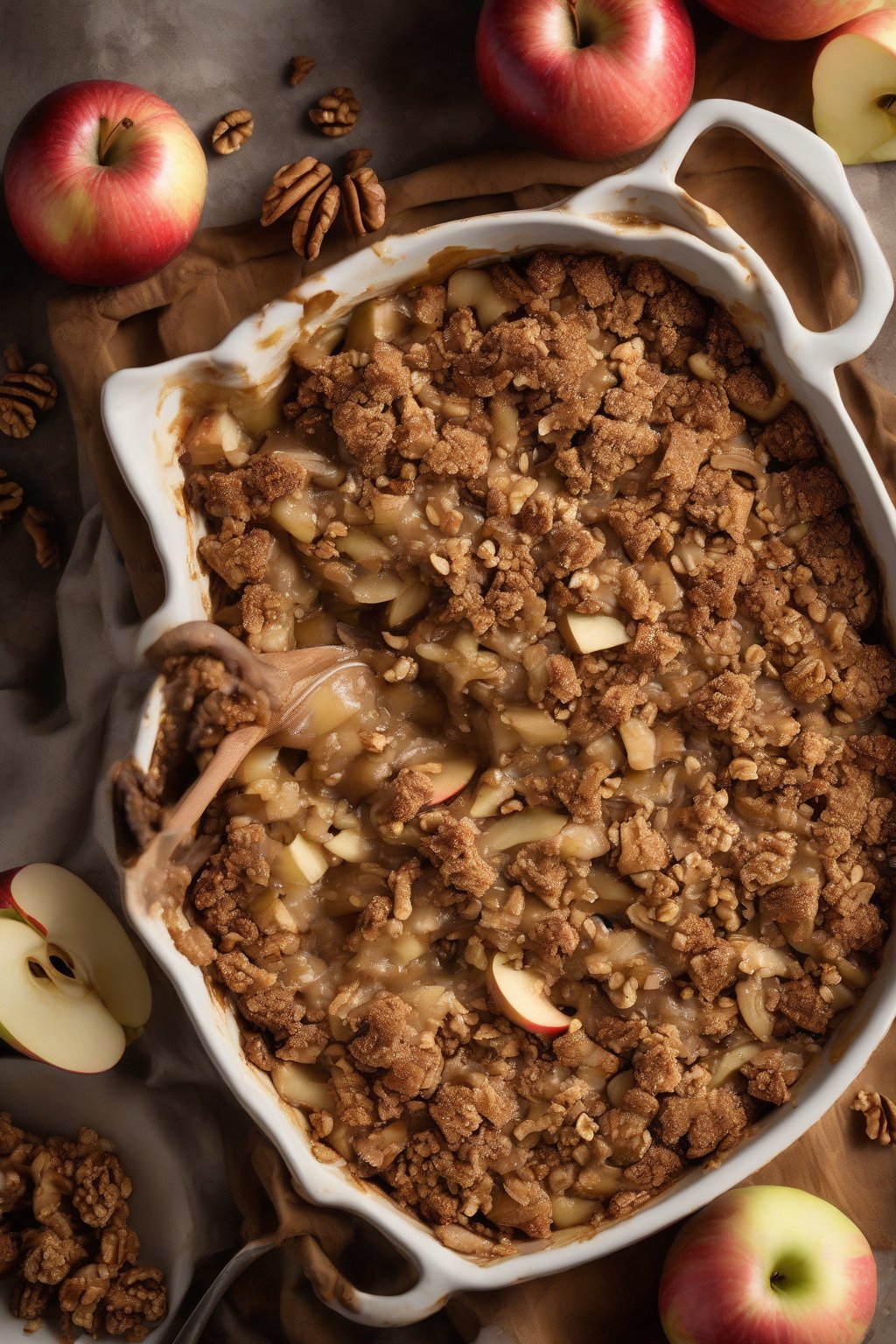 A high-resolution photo of vegan apple crisp with gluten-free oat topping and walnut pieces, naturally golden, under soft lighting.