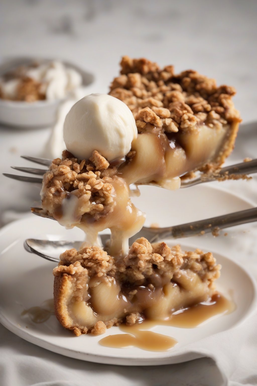A high-resolution photo of cheesecake-stuffed apple crisp with creamy center oozing under oat topping, under soft lighting.