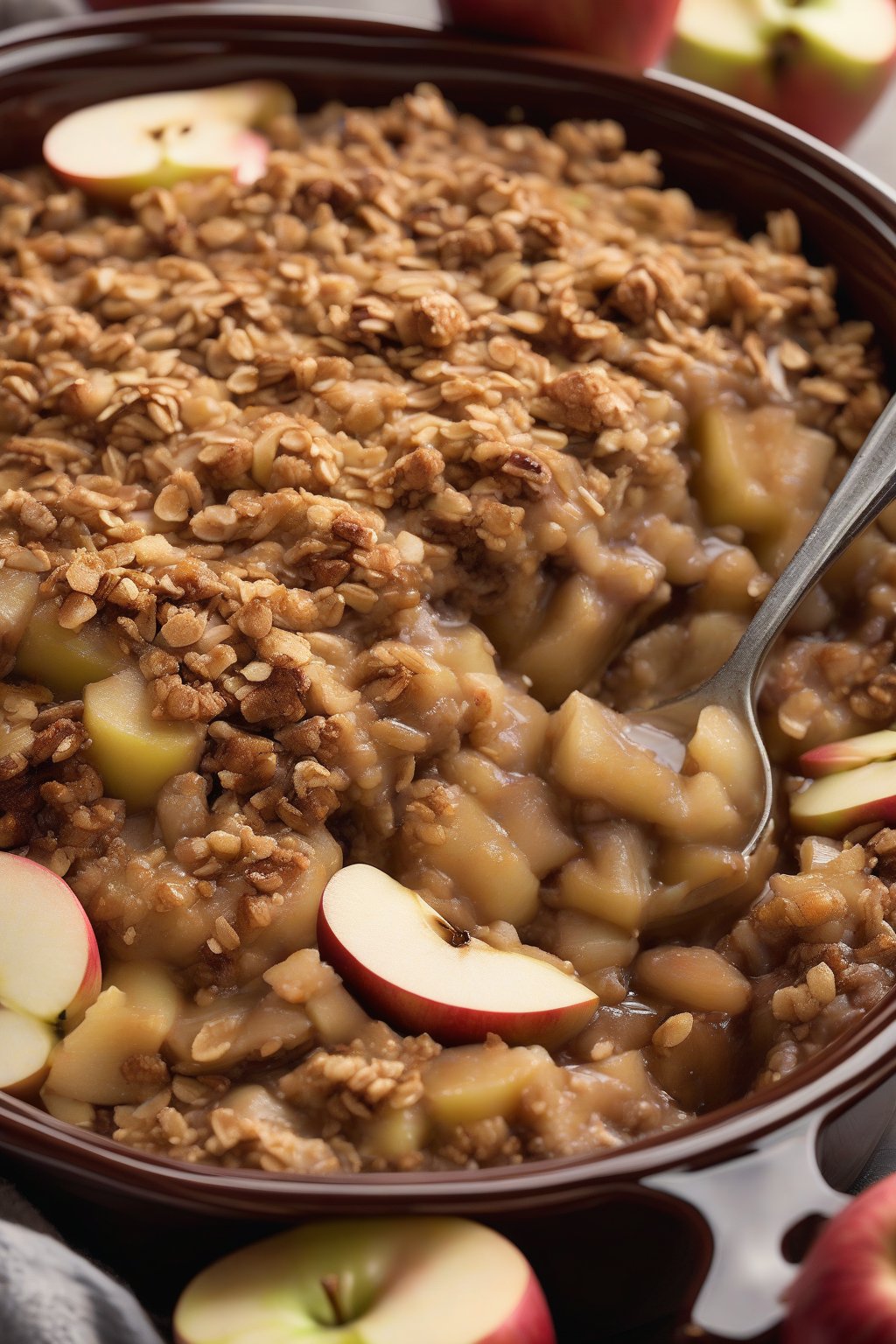 A high-resolution photo of slow cooker apple crisp with coconut-flecked oat topping and tender apples, under soft lighting.
