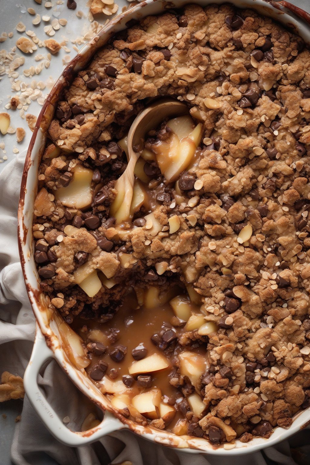 A high-resolution photo of chocolate chip apple crisp with melted chips in the oat crumble over apples, sea salt flecks, under soft lighting.