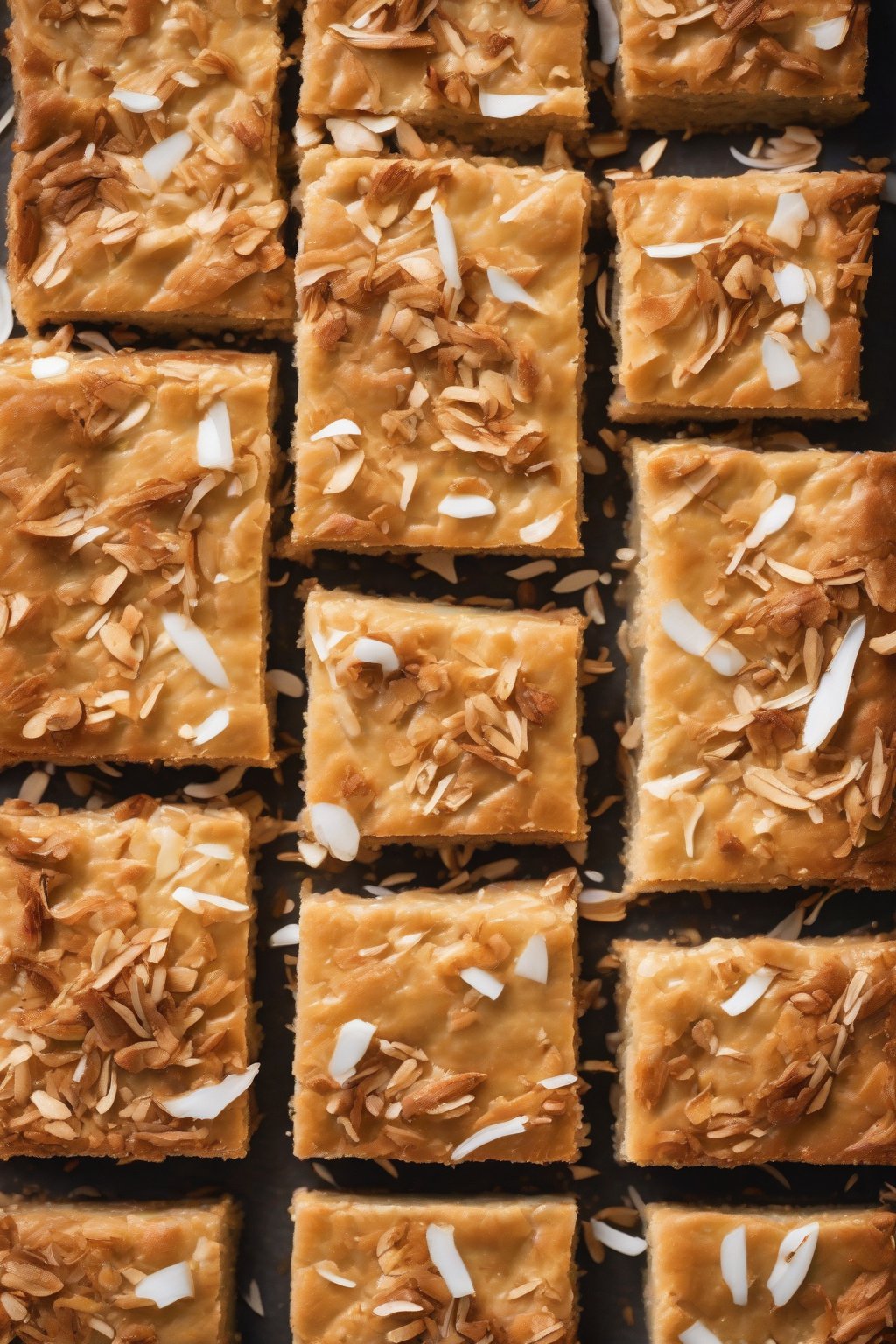 A high-resolution photo of coconut buttery blondies topped with toasted flakes and golden edges, under soft lighting.